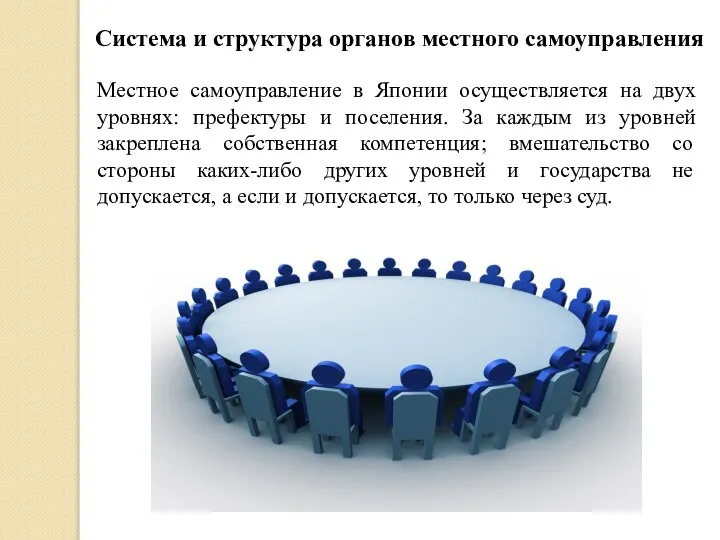 Система и структура органов местного самоуправления Местное самоуправление в Японии осуществляется