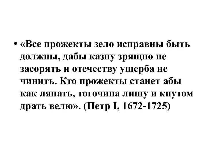 «Все прожекты зело исправны быть должны, дабы казну зрящно не засорять