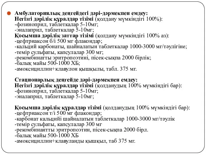 Амбулаториялық деңгейдегі дәрі-дәрмекпен емдеу: Негізгі дәрілік құралдар тізімі (қолдану мүмкіндігі 100%):