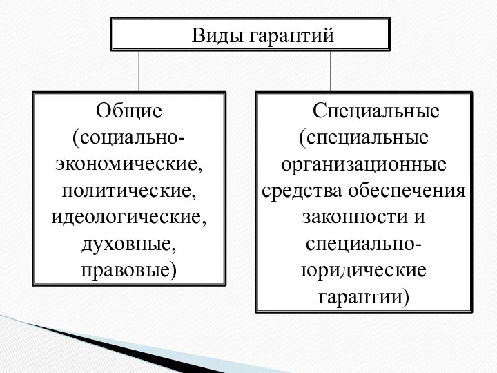 Виды гарантий Общие (социально-экономические, политические, идеологические, духовные, правовые) Специальные (специальные организационные