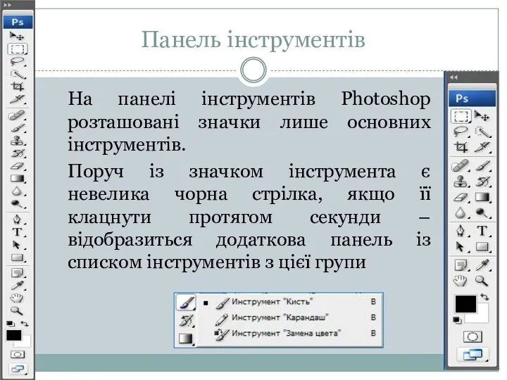 Панель інструментів На панелі інструментів Photoshop розташовані значки лише основних інструментів.