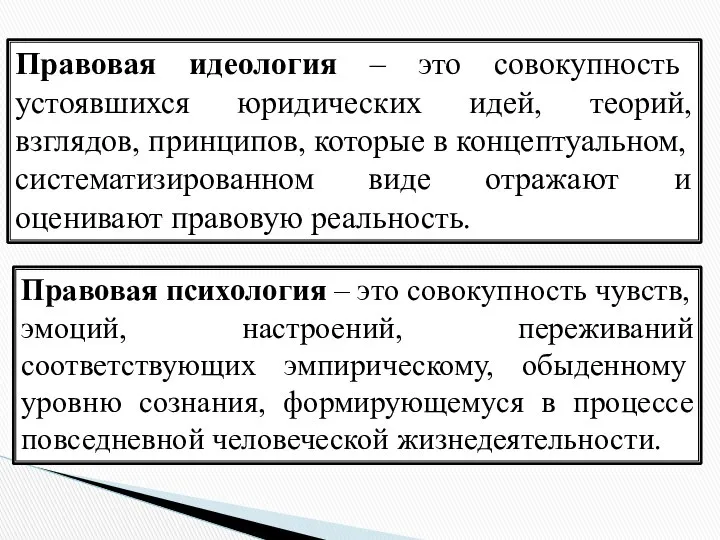 Правовая идеология – это совокупность устоявшихся юридических идей, теорий, взглядов, принципов,