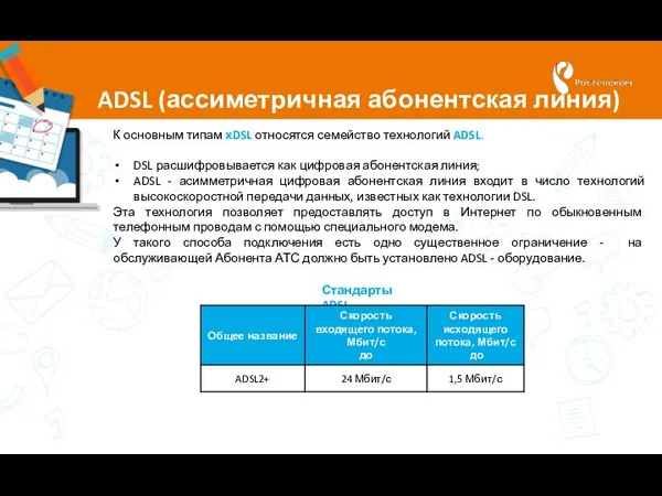 ADSL (ассиметричная абонентская линия) К основным типам хDSL относятся семейство технологий