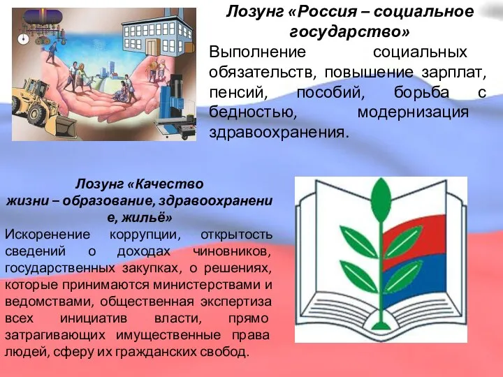 Лозунг «Россия – социальное государство» Выполнение социальных обязательств, повышение зарплат, пенсий,