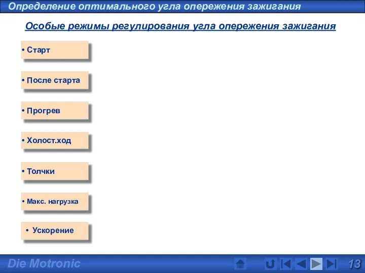 Особые режимы регулирования угла опережения зажигания Старт Холост.ход Толчки Макс. нагрузка