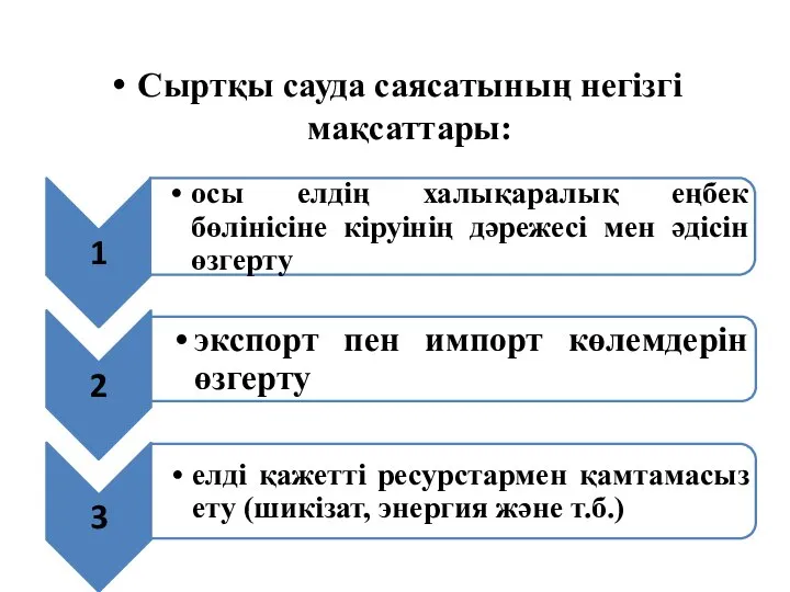 Сыртқы сауда саясатының негізгі мақсаттары: