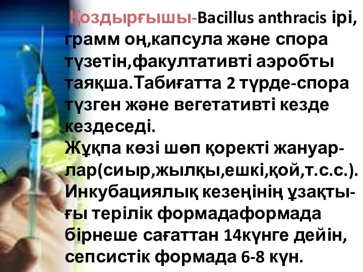 Қоздырғышы-Bacillus anthracis ірі,грамм оң,капсула және спора түзетін,факултативті аэробты таяқша.Табиғатта 2 түрде-спора