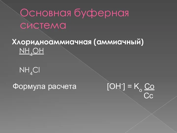 Основная буферная система Хлоридноаммиачная (аммиачный) NH4OH NH4Cl Формула расчета [OH-] = Kо Cо Сс