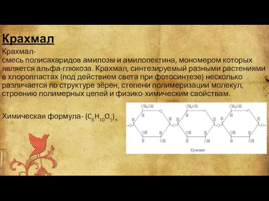 Крахмал Крахмал-смесь полисахаридов амилозы и амилопектина, мономером которых является альфа-глюкоза. Крахмал,