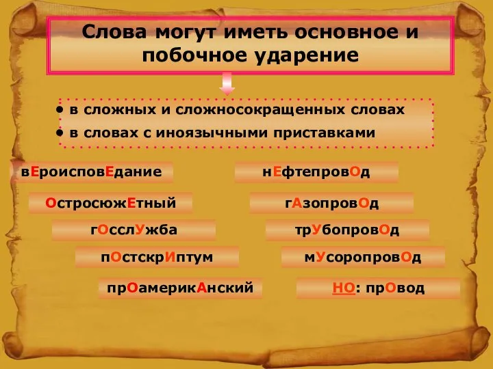 Слова могут иметь основное и побочное ударение вЕроисповЕдание гОсслУжба ОстросюжЕтный пОстскрИптум