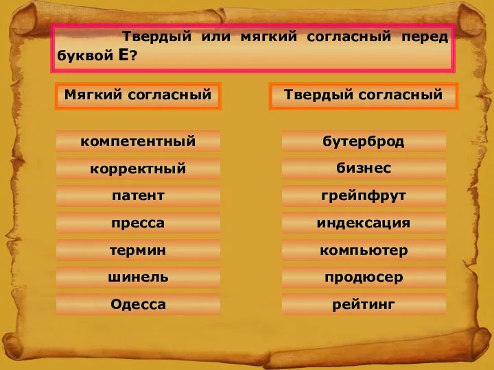 Твердый или мягкий согласный перед буквой Е? пресса Мягкий согласный Твердый