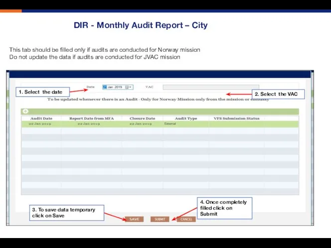 DIR - Monthly Audit Report – City 1. Select the date