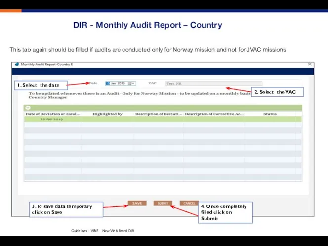 DIR - Monthly Audit Report – Country This tab again should