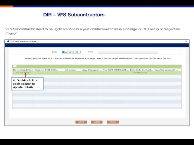 DIR – VFS Subcontractors VFS Subcontractor need to be updated once