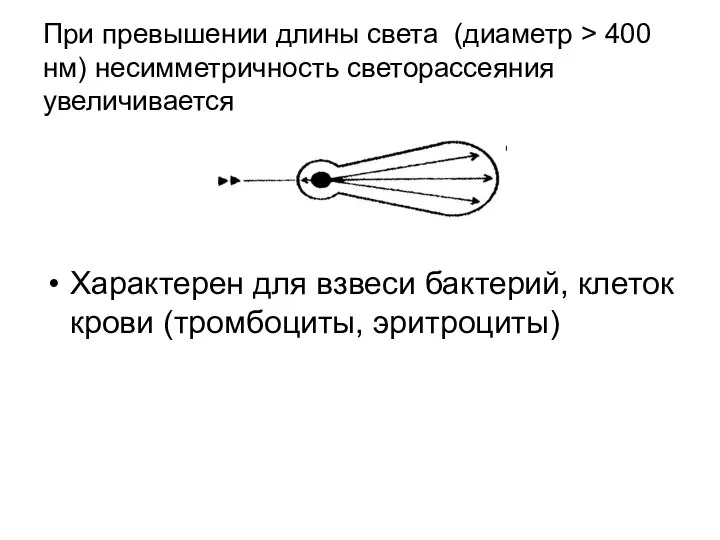 При превышении длины света (диаметр > 400 нм) несимметричность светорассеяния увеличивается