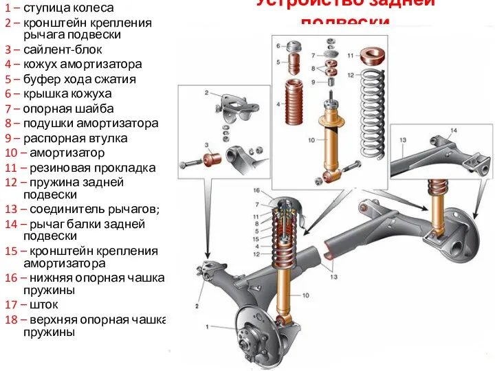 Устройство задней подвески 1 – ступица колеса 2 – кронштейн крепления