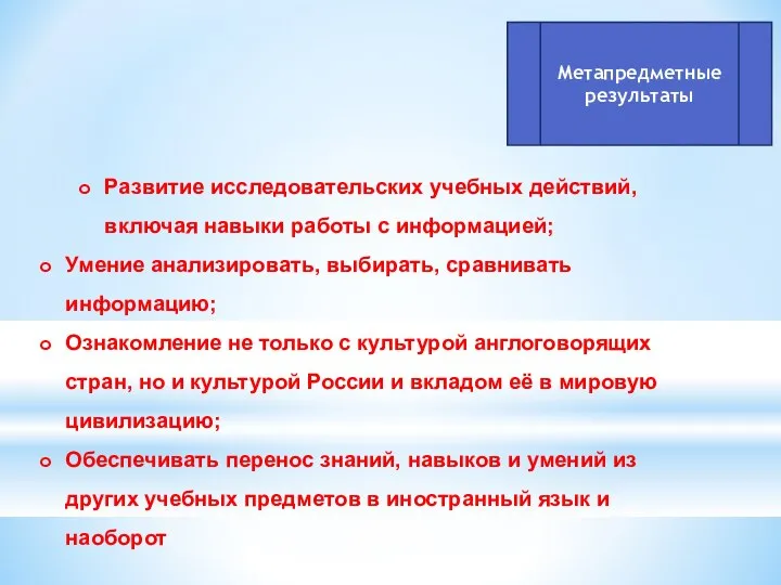 Метапредметные результаты Развитие исследовательских учебных действий, включая навыки работы с информацией;