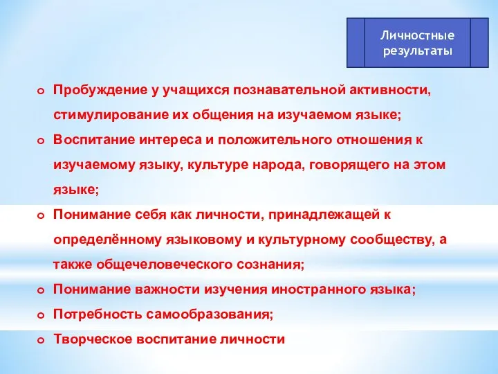 Личностные результаты Пробуждение у учащихся познавательной активности, стимулирование их общения на