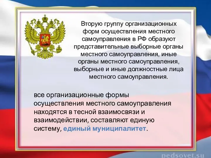 Вторую группу организационных форм осуществления местного самоуправления в РФ образуют представительные