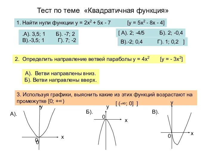 Тест по теме «Квадратичная функция» 1. Найти нули функции у =