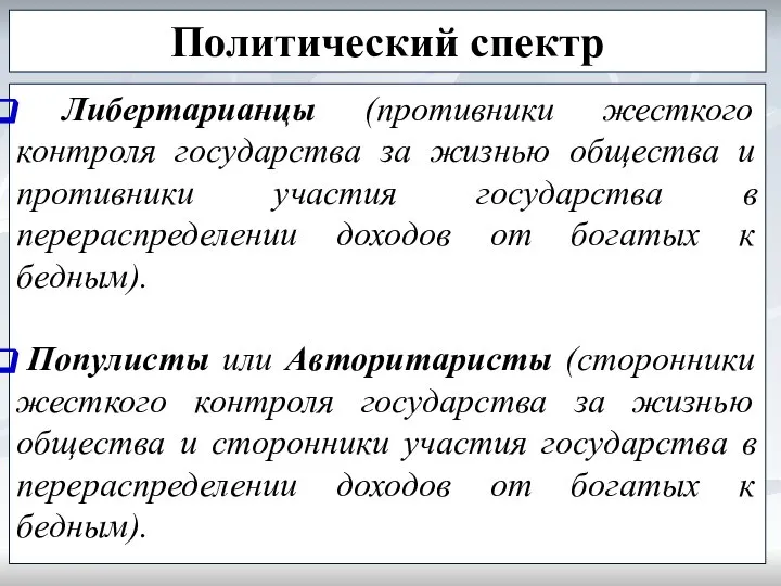 Политический спектр Либертарианцы (противники жесткого контроля государства за жизнью общества и