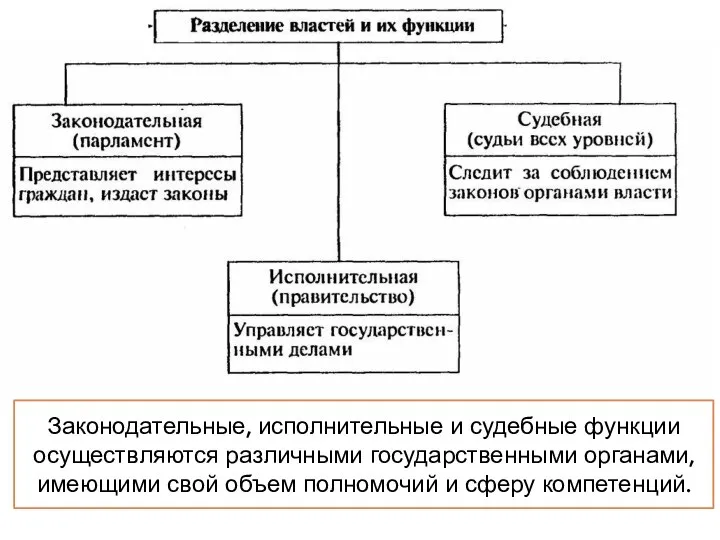 Законодательные, исполнительные и судебные функции осуществляются различными государственными органами, имеющими свой объем полномочий и сферу компетенций.