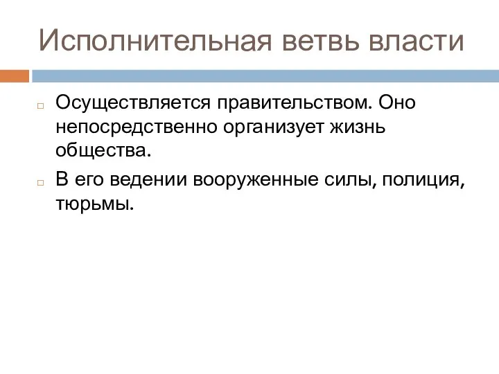 Исполнительная ветвь власти Осуществляется правительством. Оно непосредственно организует жизнь общества. В