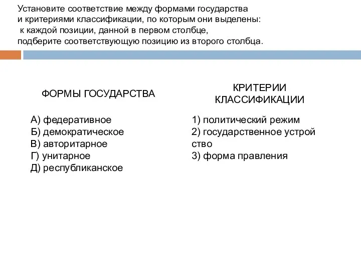 Установите со­от­вет­ствие между фор­ма­ми государства и кри­те­ри­я­ми классификации, по ко­то­рым они