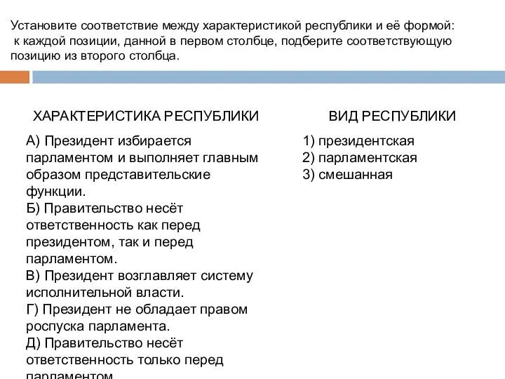 Установите соответствие между характеристикой республики и её формой: к каждой позиции,