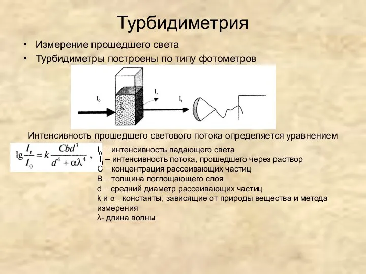 Турбидиметрия Измерение прошедшего света Турбидиметры построены по типу фотометров Интенсивность прошедшего