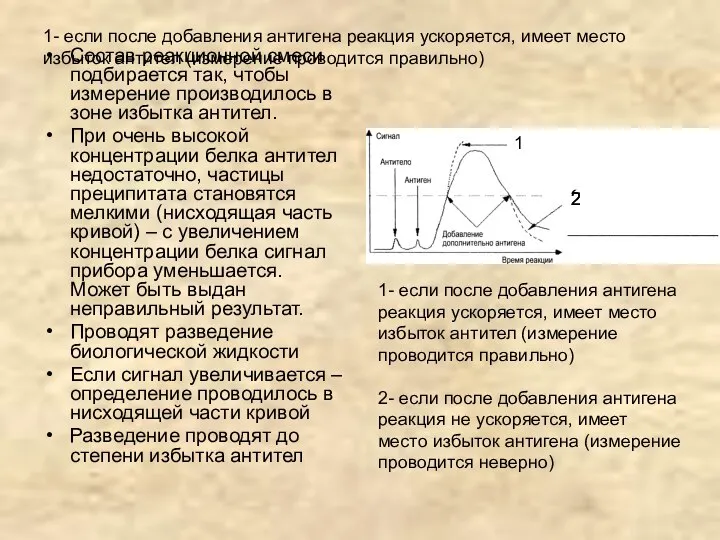 1- если после добавления антигена реакция ускоряется, имеет место избыток антител