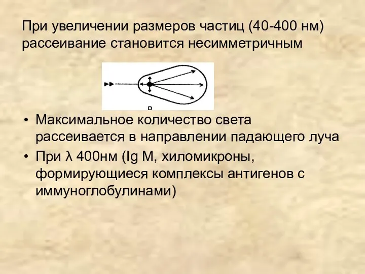 При увеличении размеров частиц (40-400 нм)рассеивание становится несимметричным Максимальное количество света