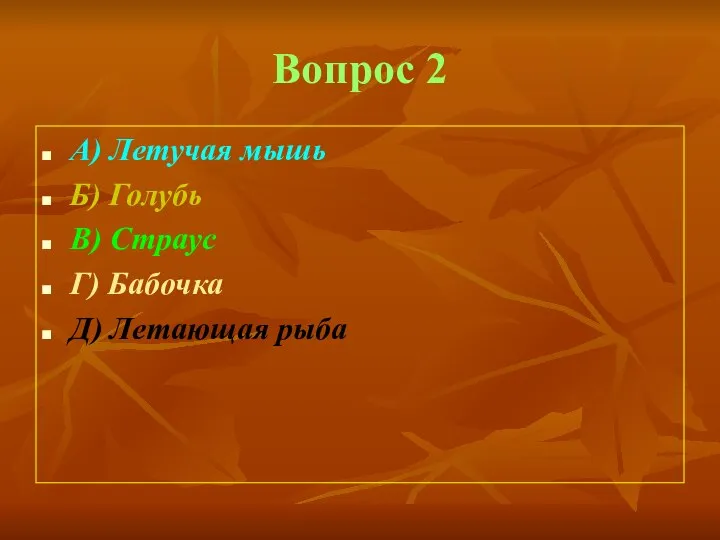 Вопрос 2 А) Летучая мышь Б) Голубь В) Страус Г) Бабочка Д) Летающая рыба