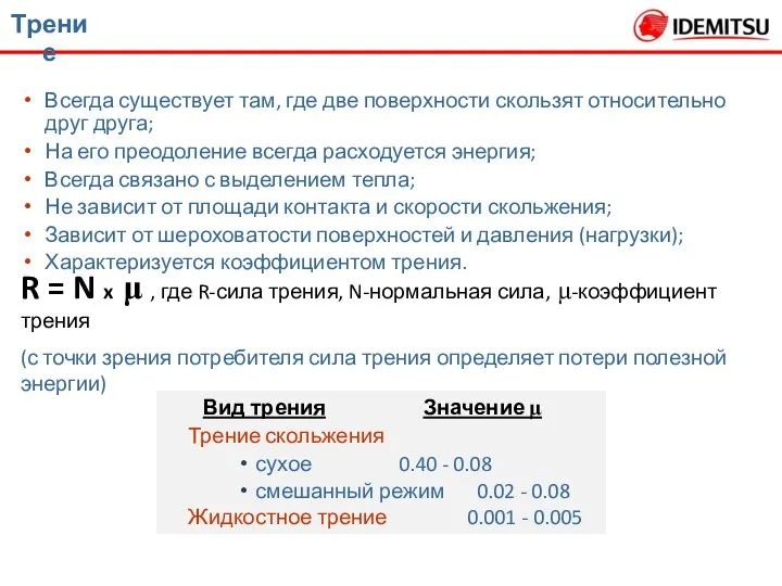 Всегда существует там, где две поверхности скользят относительно друг друга; На