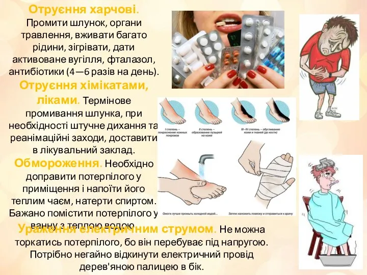 Отруєння харчові. Промити шлунок, органи травлення, вживати багато рідини, зігрівати, дати