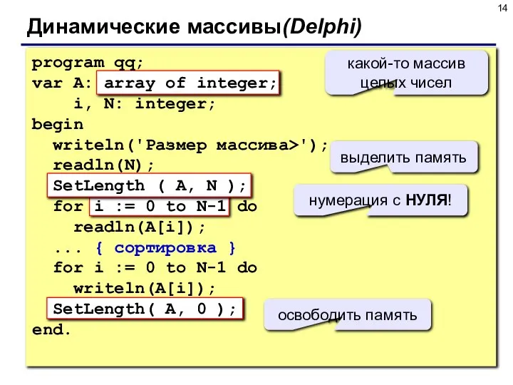 Динамические массивы(Delphi) program qq; var A: array of integer; i, N: