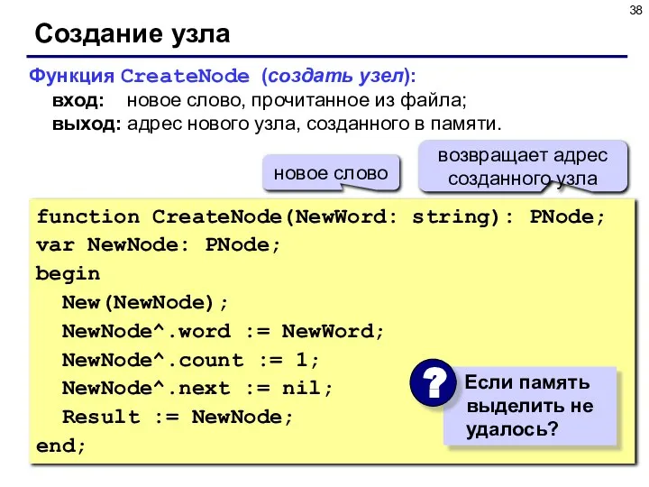 Создание узла function CreateNode(NewWord: string): PNode; var NewNode: PNode; begin New(NewNode);