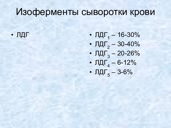 Изоферменты сыворотки крови ЛДГ ЛДГ1 – 16-30% ЛДГ2 – 30-40% ЛДГ3