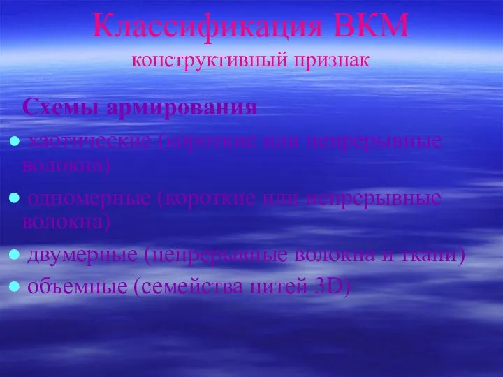 Классификация ВКМ конструктивный признак Схемы армирования хаотические (короткие или непрерывные волокна)