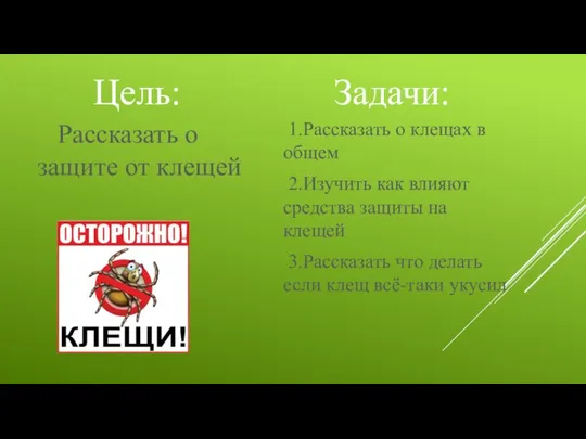 Цель: Рассказать о защите от клещей Задачи: 1.Рассказать о клещах в