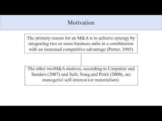 Motivation The primary reason for an M&A is to achieve synergy