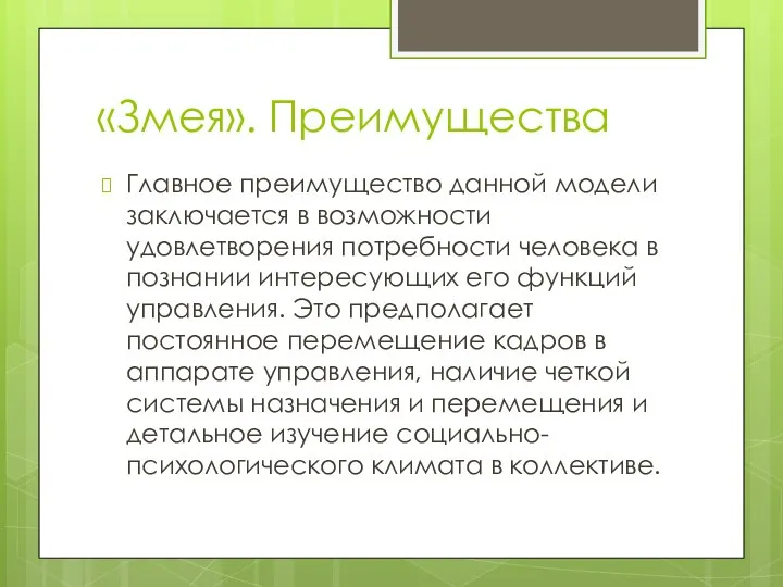 «Змея». Преимущества Главное преимущество данной модели заключается в возможности удовлетворения потребности