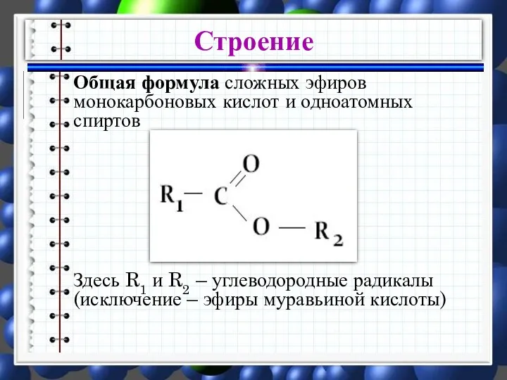 Строение Общая формула сложных эфиров монокарбоновых кислот и одноатомных спиртов Здесь