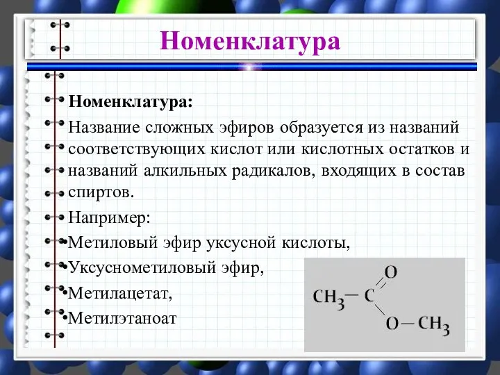 Номенклатура: Название сложных эфиров образуется из названий соответствующих кислот или кислотных