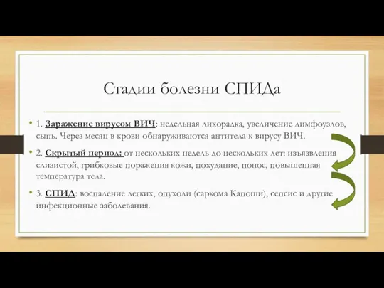 Стадии болезни СПИДа 1. Заражение вирусом ВИЧ: недельная лихорадка, увеличение лимфоузлов,