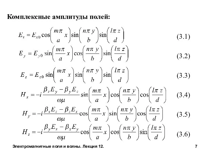 Комплексные амплитуды полей: (3.1) (3.2) (3.3) (3.4) (3.5) (3.6) Электромагнитные поля и волны. Лекция 12.