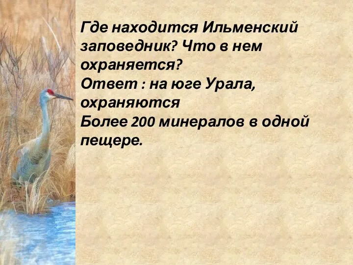 Где находится Ильменский заповедник? Что в нем охраняется? Ответ : на