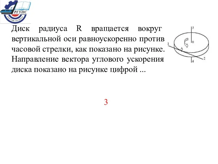 Диск радиуса R вращается вокруг вертикальной оси равноускоренно против часовой стрелки,