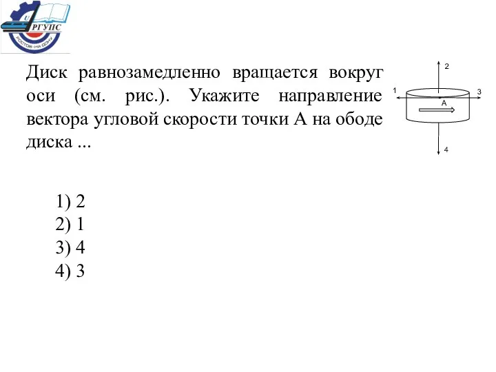 Диск равнозамедленно вращается вокруг оси (см. рис.). Укажите направление вектора угловой