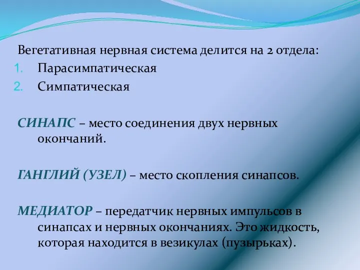 Вегетативная нервная система делится на 2 отдела: Парасимпатическая Симпатическая СИНАПС –